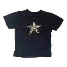 Camiseta retro con estrella de la suerte, camiseta retro para mujer, camiseta Y2K, camiseta retro casual de manga corta, camiseta gráfica de estilo occidental, ropa del siglo XIX, camiseta de algodón casual diaria estilo streetwear Y2K para mujer. - Negro - Ver 1