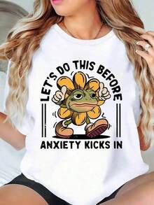 Breathable Motivational T-Shirt With Frog And Flower Design "Let's Do It Before Anxiety Appears" For Women And Men, Casual Graphic Design T-Shirt With Funny Phrase And Cartoon Drawings, Perfect For Everyday Wear And Gift Ideas, Women's Cotton T-Shirts, Premium Women's - 白色 - 查看 2
