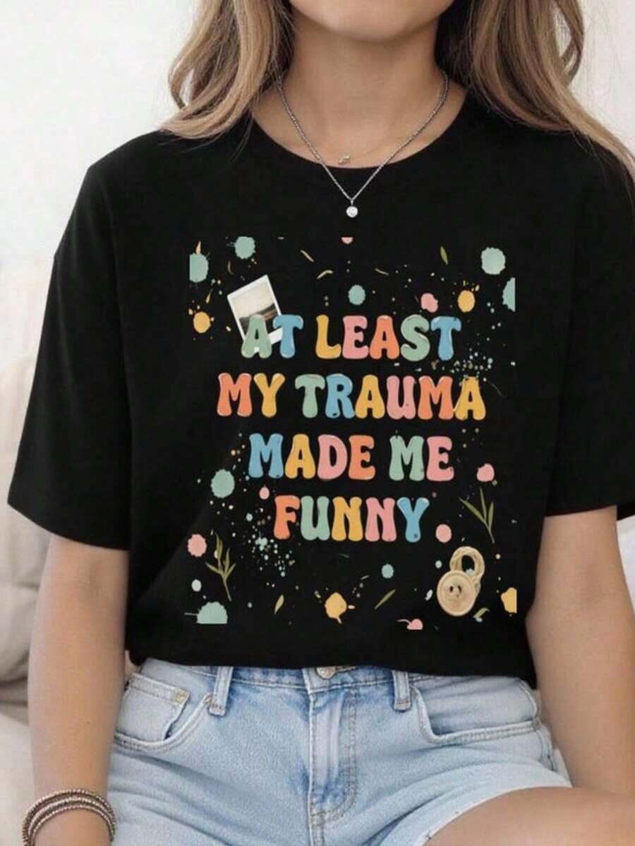 1 "Addicted To Him" T-Shirt, Valentine's Day Couple T-Shirt For Her, Black Graphic T-Shirt, Cute Gift For Boyfriend, 180g, 100% Cotton. - 黑色 5 - 查看 1