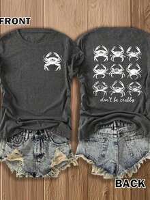 Women's "Don't Be Crabby" Short-Sleeved Crew Neck T-Shirt, Featuring A "I Might Be Laid Back But I Can Lean Forward" Print Design. Comfortable And Breathable, Stylish And Elegant, Machine Washable, Suitable For Everyday Casual Wear. - 灰色 - 查看 1