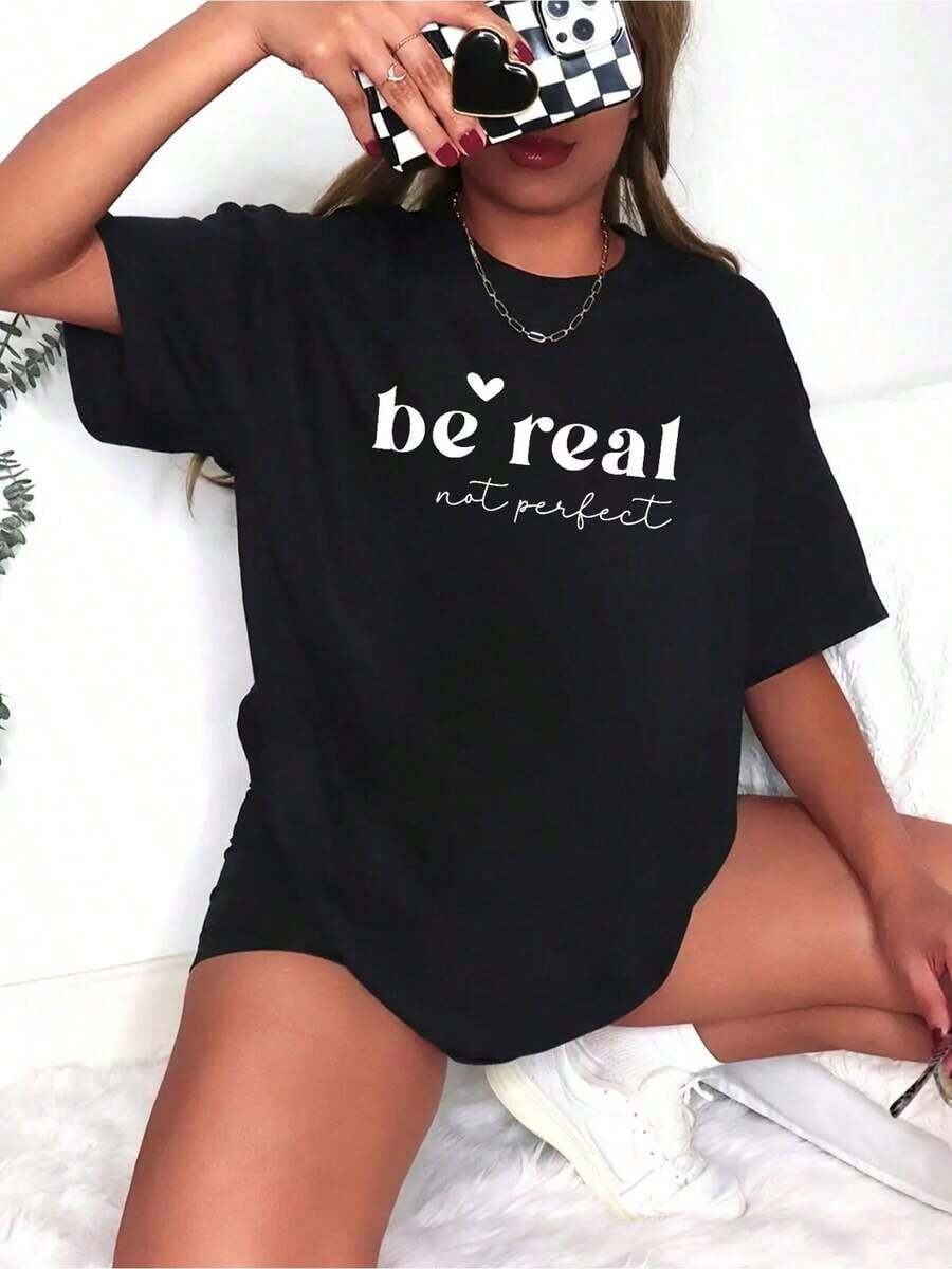 Round Neck T-Shirt With Letter Print, Casual Short Sleeve, Spring Summer Top, Women's Clothing, Cotton T-Shirt, Ideal Gift - 黑色 - 查看 1
