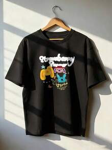 T-Shirt With Three Rabbit Faces And The Text "Strawberry," A  Short-Sleeved T-Shirt For Spring And Summer 2026, Made In Mexico, 180 Grams. Cartoon Print, Couple Design, Suitable For Indoor Or Outdoor Wear. Crew Neck, Unisex, Ideal For The Office And Leisure. One-Pack. - BK-P631577SLNDXZGY638 - 查看 1
