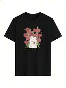 White Rabbit And Wine Tulip T-Shirt, Fashionable Short-Sleeve T-Shirt For Spring/Summer 2026, Made In Mexico, 180 Grams. Cartoon Print, Couple Design, Suitable For Indoor Or Outdoor Wear. Crew Neck, Unisex, Ideal For Office And Leisure. One-Piece Pack. - BK-P631577SLNDXZGY637 - 查看 3