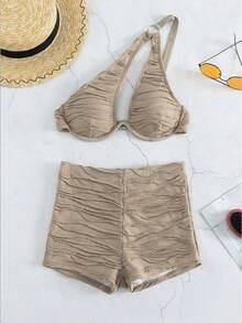 New Sexy Two-Piece Swimsuit With Boxer Shorts For Women, Hot Spring Bikini Set. - Khaki - View 7