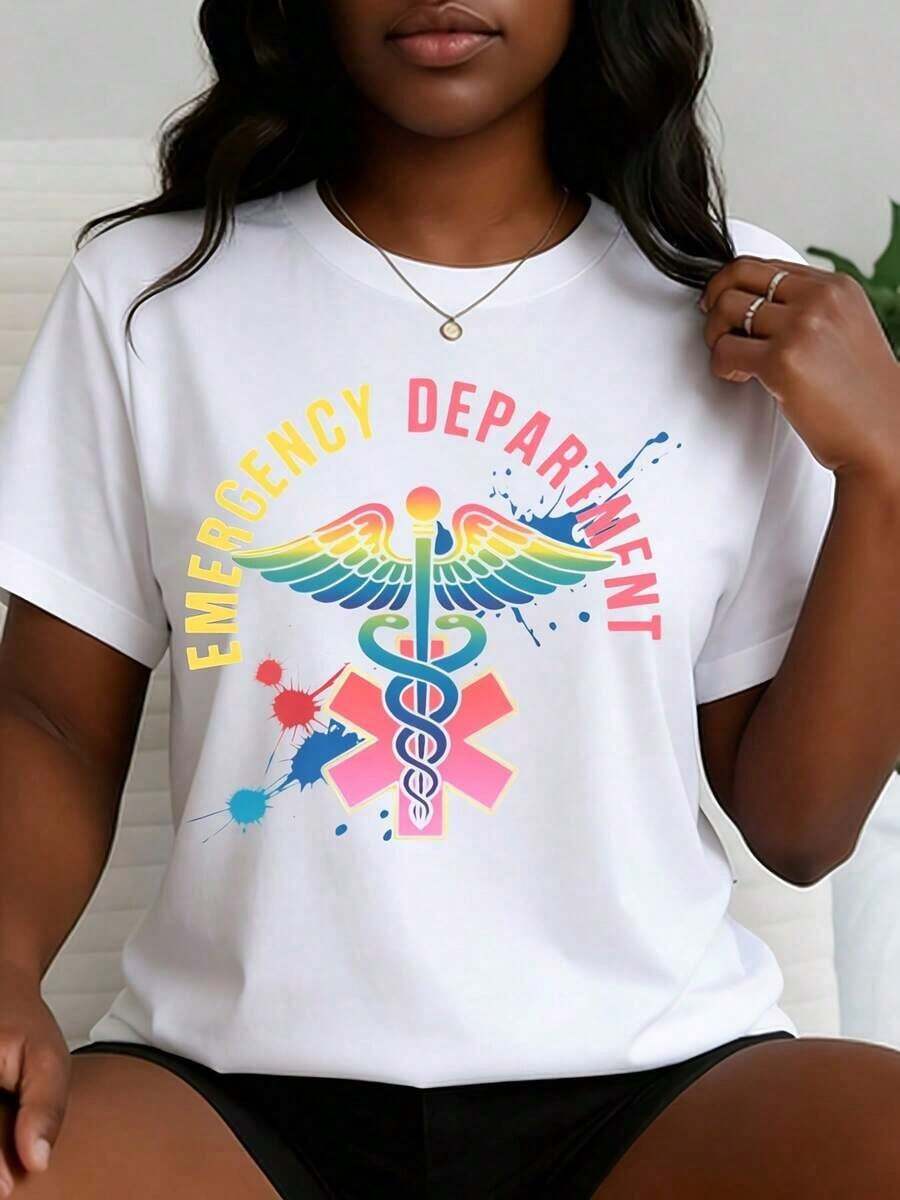 Women's Printed T-Shirt With A Rainbow And Caduceus Design From The Emergency Department, Short Sleeves, Crew Neck, Casual Style, For Medical Professionals And Healthcare Workers. Perfect Gift For Nurses, Doctors, And Emergency Personnel. Cotton Fabric, Casual Style, Machine Washable, Women's Clothing. - 白色 - 查看 1