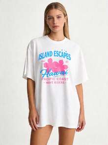 Premium Summer Casual Style, 1-Piece Set, Plus Size, Unisex, 100% Denim Crew Neck T-Shirt, Loose Fit, Basic Tee, Island Getaway, Pacific Hawaiian, Surfer, Family Wear, Couples Set, Beach Vacation, Summer Wear, Gift For Travel Enthusiasts And Adventurers, . - 白色 - 查看 1