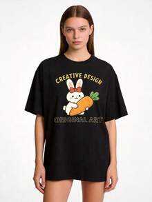 Women's Basic Crew Neck T-Shirt With Rabbit And Carrot Print, Sizes S-2XL, 100% Black And White, Spring/Summer Casual Wear, Ideal For Family And Couple Outfits, Perfect Gift For Mother, Family And Close Friends On Mother's Day, . - 黑色 - 查看 8