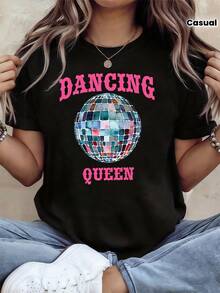 1 camiseta para mujer con estampado de bola de discoteca "DANCING", de manga corta y cuello redondo, estilo casual para primavera/verano, ideal para uso diario, regalo para vacaciones, 180g 100% algodón. - Negro - Ver 2