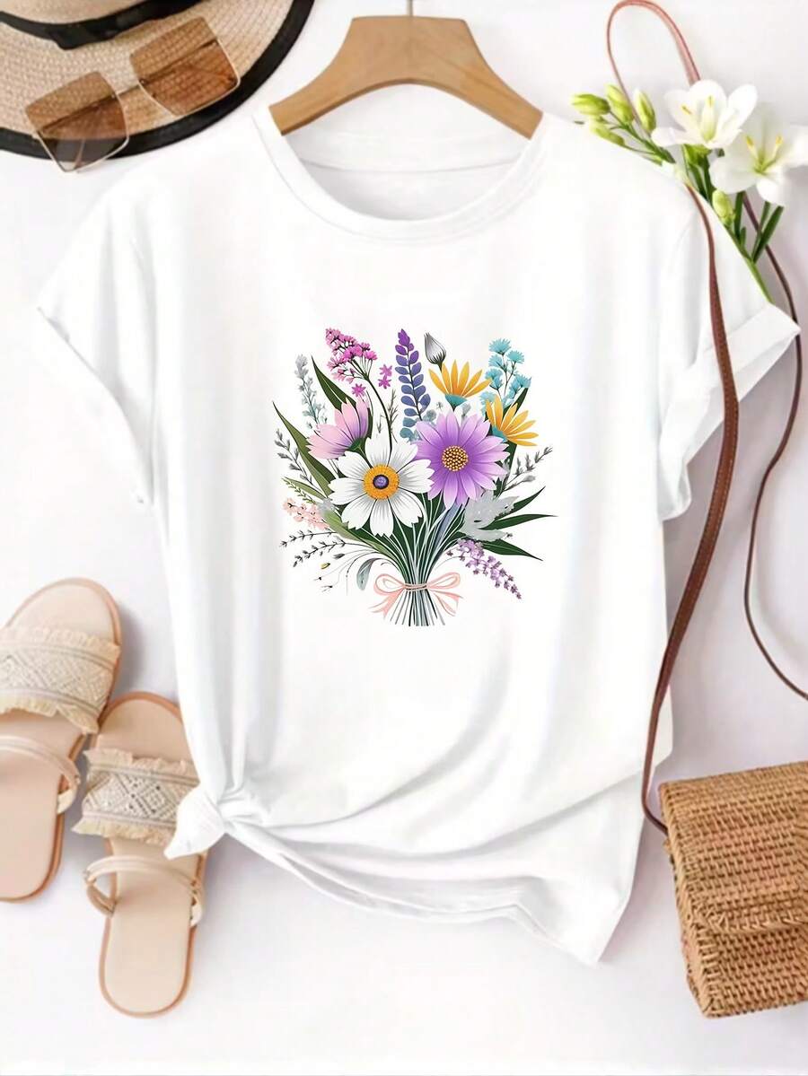 Camiseta casual de manga corta y cuello redondo para mujer con estampado floral - perfecta para primavera y verano. - Blanco - Ver 1