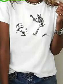 1 camiseta de mujer, top casual sencillo, camiseta con estampado divertido de esqueleto persiguiendo a un perro con hueso, adecuada para actividades diarias casuales y de vacaciones, 180g Algodón 100%. - Blanco - Ver 1