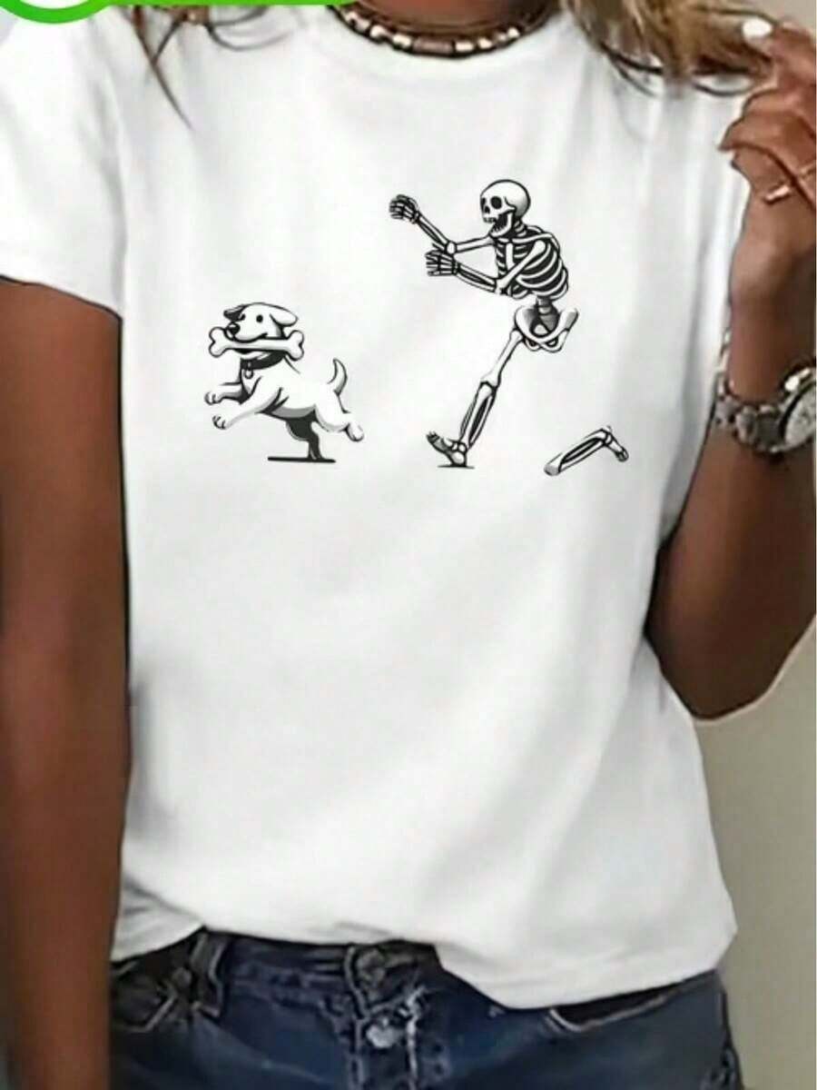 1 camiseta de mujer, top casual sencillo, camiseta con estampado divertido de esqueleto persiguiendo a un perro con hueso, adecuada para actividades diarias casuales y de vacaciones, 180g Algodón 100%. - Blanco - Ver 1
