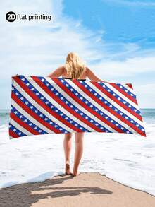 1pc American Independence Day Style Red White Blue Striped Print Beach Towel, Large Size Soft Absorbent Striped Beach Bath Towel, Suitable For Travel, Vacation, Sports, Bathroom, Pool And Camping, Strong Water Absorption - Multicolor - View 5