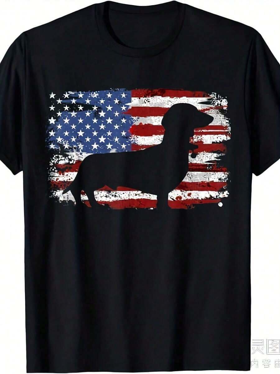 Camiseta Vintage de Algodón para Hombre y Mujer con Estampado de Dachshund y Bandera Americana - Camiseta Retro para Amantes de Perros con Estampado de Dachshund, 220GSM de Algodón Puro, Camiseta Casual de Cuello Redondo para Uso Diario (Negro/Blanco) - Regalo Perfecto para el Tiempo Libre - Negro - Ver 1