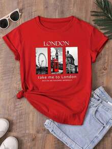 Diseño simple y versátil, estampado casual con letras y motivos de Londres, camiseta de manga corta de corte holgado con cuello redondo, elegante camiseta de algodón puro para mujer, ideal para primavera-verano. - Rojo - Ver 6