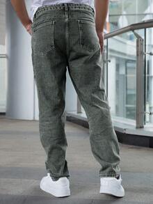 Jeans rectos casuales de unicolor para hombres - Verde militar - Ver 3