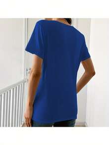 Women's Casual T-Shirt With Butterfly And Flower Design - Hand-Painted Design, Soft Pure Cotton Fabric, Short Sleeves, Round Neck, Breathable Summer Top, Machine Washable, Perfect Gift For Her, Suitable For All Seasons. IJWL - Blue - View 3