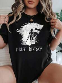 Camiseta de Mujer 2026, Corte Holgado Casual, Opciones en Blanco y Negro, Estampado Gráfico "Wolf NOT TODAY", Camisetas para Uso Diario, Tops de Verano, Camisetas Gráficas, Conjuntos de Verano para Mujer, Camisetas Cortas para Mujer, Blusas para Mujer, Ropa Casual Vintage de Algodón, Ropa Linda para Mujer, Blusas para Mujer Casual - Negro - Ver 1