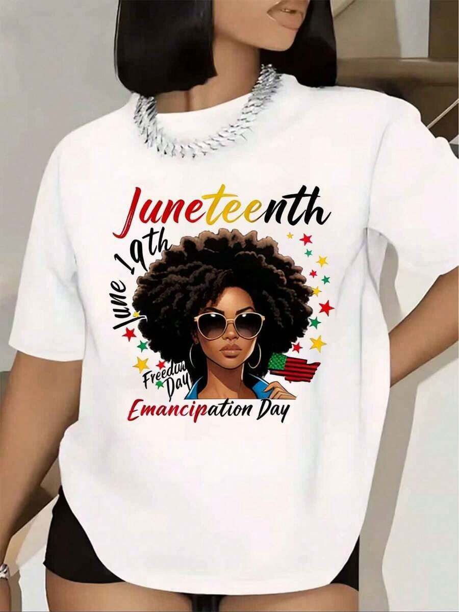 Camiseta de Mujer para Juneteenth, 19 de Junio, Día de la Libertad, Día de la Emancipación, con Estampado de Mujer Afro con Gafas de Sol y Bandera Americana, Manga Corta, Cuello Redondo, para Fiesta de Celebración de Juneteenth, Blusa Básica para Mujer, Blusa de Mujer, Camiseta Estilo Urbano, Camiseta Casual para Festivales y Uso Diario. - Blanco - Ver 1
