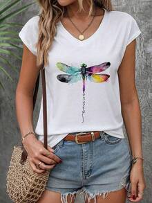 Camiseta Estampada para Mujer con Colorido Diseño de Libélula - Camiseta Casual de Manga Corta y Cuello en V, Corte Relajado para Todas las Estaciones, Perfecta para Uso Diario y Atuendos de Vacaciones (Lavable aáquina). - Blanco - Ver 1