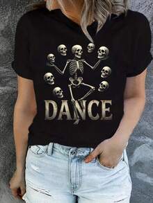 Camiseta Deportiva Casual para  con Diseño Esquelético de DANCE - Camiseta Elástica de Cuello Redondo, Lavable aáquina, Ajuste Cómodo para Todas las Estaciones, Perfecta para Combinar con Jeans Desgastados. - Negro - Ver 1