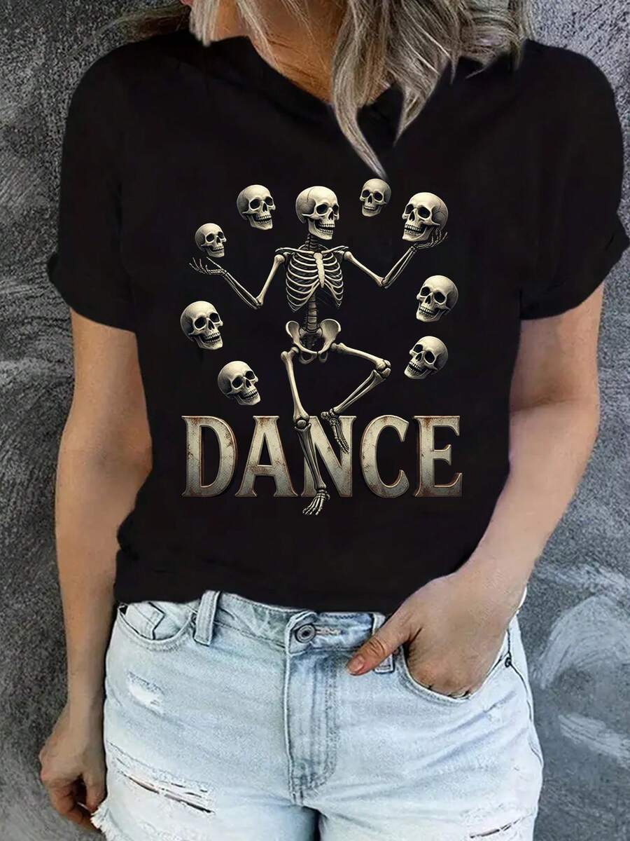 Camiseta Deportiva Casual para con Diseño Esquelético de DANCE - Camiseta Elástica de Cuello Redondo, Lavable aáquina, Ajuste Cómodo para Todas las Estaciones, Perfecta para Combinar con Jeans Desgastados. - Negro - Ver 1