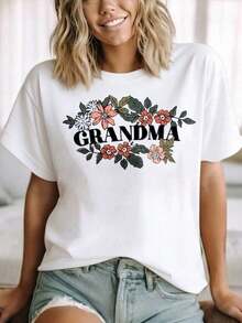 Women's Floral Design "Grandma" T-Shirt, Gift For Mother And Grandmother, Family Pride T-Shirt, Urban Vintage Style, Unisex, Cotton, Short Sleeve, Round Neck, 100% Cotton - 白色 - 查看 3