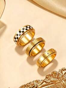 3pcs 18K Gold Plated Stainless Steel Rotatable Fidget Rings Set, Fashion Checkered Rhinestone Inlaid Combination Rings, Versatile Daily Wear Stackable Rings For Men And Women - Gold - View 6