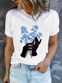 Casual Crew Neck T-Shirt, Plus Size T-Shirt For Women, Printed T-Shirt For Women, Vintage Print Of Gloved Hands Holding Blue Flowers - Fun Print, Machine Washable, Casual And Versatile, Loose And Comfortable, A Perfect Gift For A Good Friend. - 白色 - 查看 1
