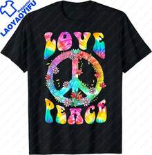 Fashion T-Shirt 2026: Hippie Style T-Shirt With Peace Symbol Print And 60s Style, Unisex T-Shirts For Women, Casual Tops, Urban Fashion Printed T-Shirts. - 黑色 - 查看 6