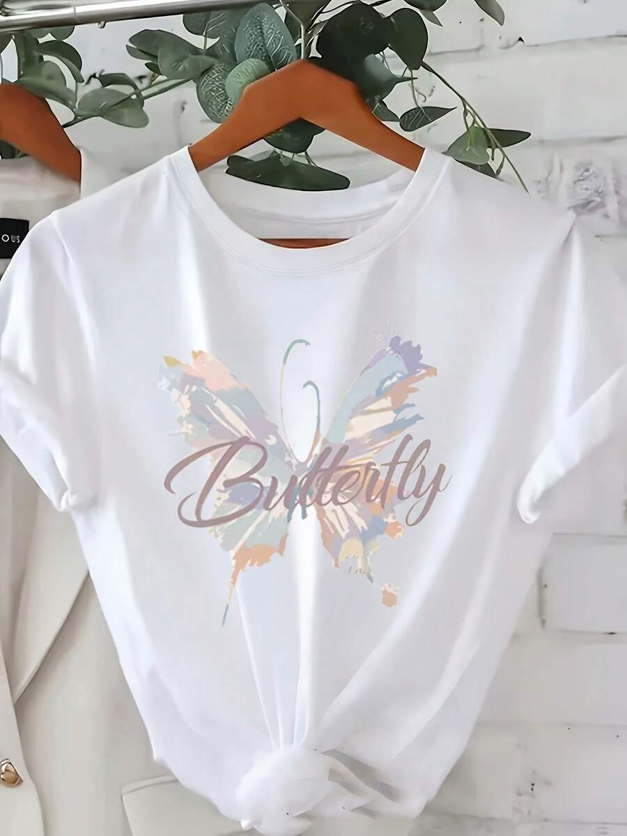 Camiseta para mujer con estampado retro coreano de mariposas - Blusa de manga corta y cuello redondo adecuada para el verano, /Top de estilo coreano de línea, ropa casual de elasticidad media, camiseta no transparente lavable a máquina