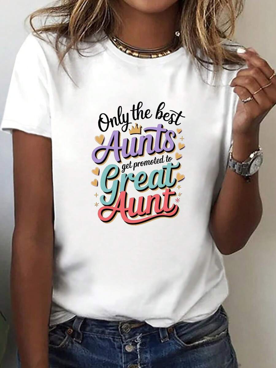 Camiseta Gráfica para Mujer: Las Mejores Tías Son Promovidas a Gran Tía| Camiseta Casual de Manga Corta con Cuello Redondo, Estampado Colorido Vibrante, Perfecta para Verano y Primavera, Ropa de Mujer para Todas las Temporadas, Camisetas para Damas - Blanco - Ver 1