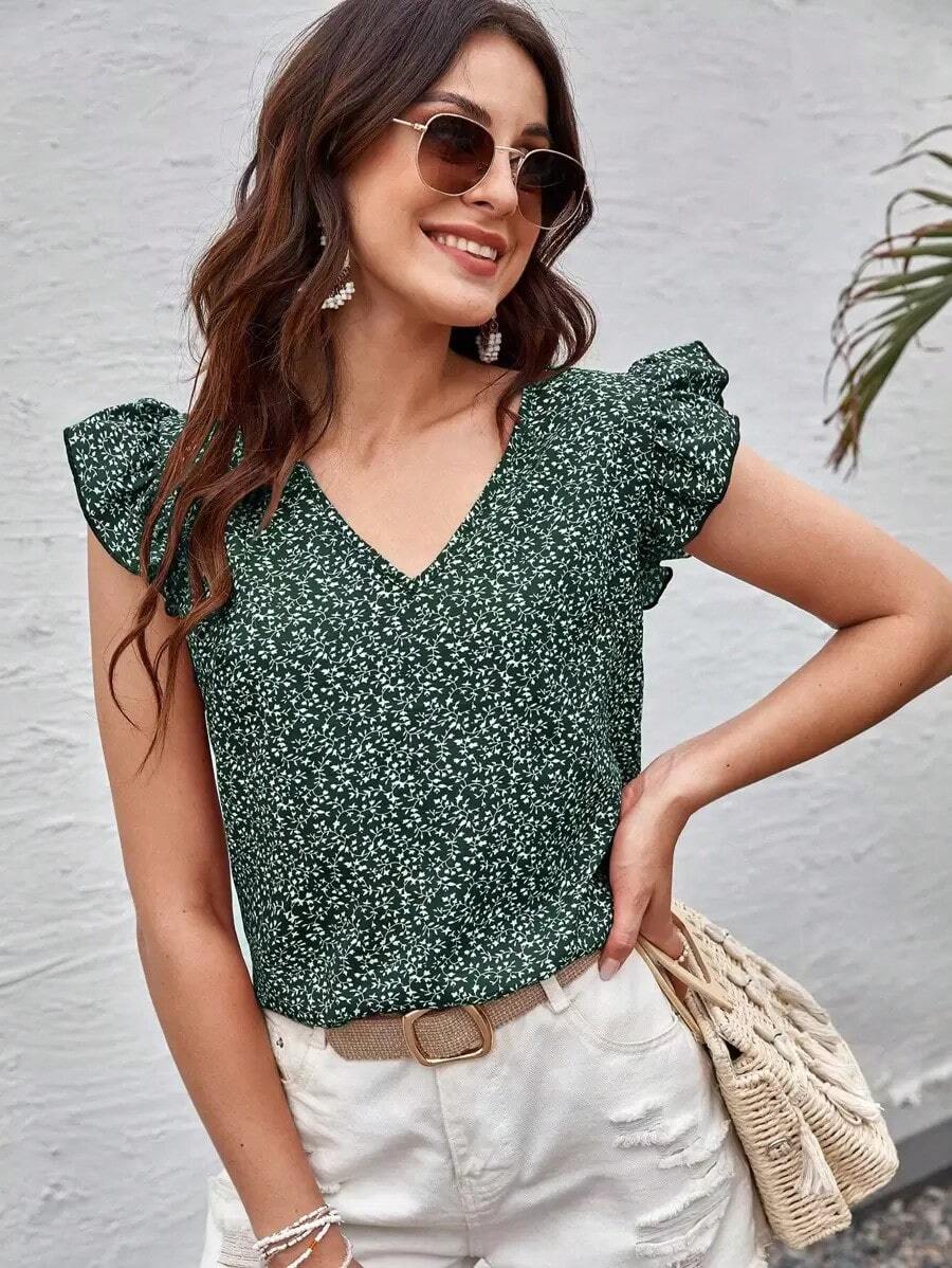 Blusas Volante Plantas Casual - Verde Oscuro - Ver 1