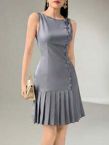 Vestido corto elegante de unicolor con dobladillo plisado y sin mangas - Azul - Ver 7
