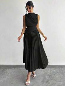Vestido de línea A con cuello de swing sin mangas y volantes, falda paraguas, para volver al colegio, ropa escolar, fiesta, estilo de mujer de dinero antiguo, atuendos para salir, atuendos de fiesta para mujer, atuendos de oficina para mujer, fald - Negro - Ver 8