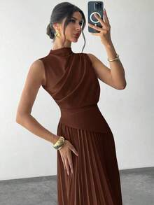 Vestido de línea A con cuello de swing sin mangas y volantes, falda paraguas, para volver al colegio, ropa escolar, fiesta, estilo de mujer de dinero antiguo, atuendos para salir, atuendos de fiesta para mujer, atuendos de oficina para mujer, fald - Marrón - Ver 2