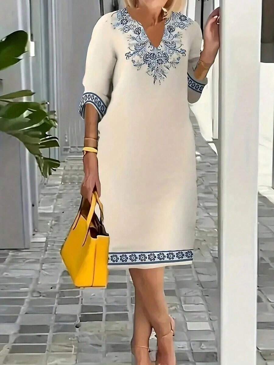 Vestido maxi casual y sencillo con estampado floral en el cuello, puños y dobladillo para mujer - Albaricoque - Ver 1