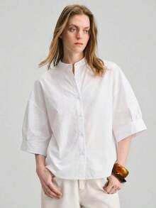 2026 Nueva Blusa de Mujer de Cuello Redondo, Abotonada, Manga 3/4, Silueta Ajustada en la Cintura, Longitud Corta, para Uso Diario, Casual y de Oficina, Versátil y Combinable, Color Blanco, de Alta Calidad, Adecuada para Aeropuerto/Crucero, Apta par - Blanco - Ver 4