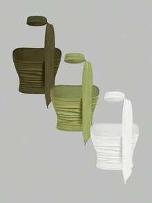 MOD Set de 3 piezas de top corto de punto ajustado con volantes y tirantes de bufanda para mujeres - Verde militar - Ver 2