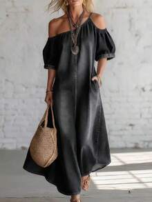 Vestido largo vaquero con estilo relajado y pantalones abiertos en verano 2026 - Negro - Ver 1