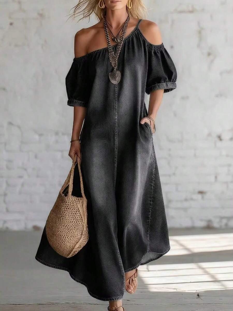 Vestido largo vaquero con estilo relajado y pantalones abiertos en verano 2026 - Negro - Ver 1