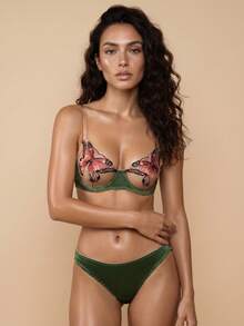 French Vintage Sexy Lingerie For Women, Contrast Color Mesh Embroidery Bra Set, Sheer Sexy Bra - Green - View 1