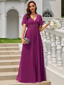 Elegante vestido de dama de honor de gasa con cuello en V, mangas con volantes bordados y plisados, vestido de noche formal para invitados de boda - Rojo violeta - Ver 8