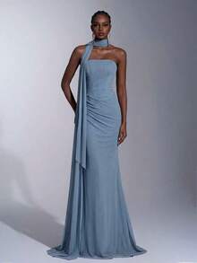 Vestido elegante de tela de gasa sin tirantes con forma de sirena, cintura baja, plisado lateral y drapeado (desmontable, multiusos) adecuado para citas, vacaciones, bodas, compras, uso diario, vestido de dama de honor - Niebla azul - Ver 8