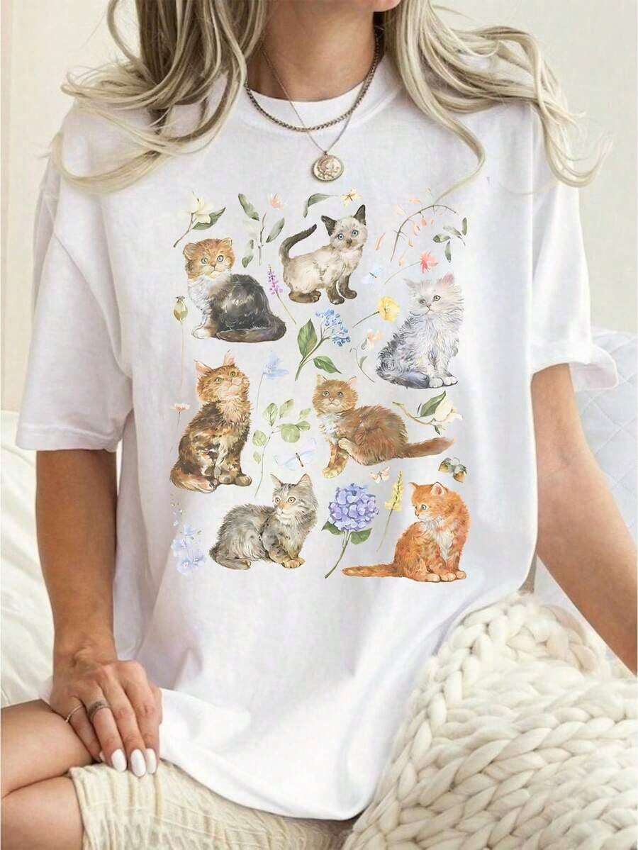 Camiseta Retro de los 90 con Tatuaje de Gato, Camiseta Vintage con Gatito, Regalo para Amantes de los Gatos, Estilo Cottagecore, Camiseta Gráfica Relajada para Adultos - Blanco - Ver 1