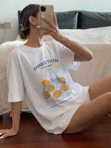 Camiseta Casual de Mujer  con Estampado de Letras, Cuello Redondo y Hombros Caídos, Camisetas Gráficas de Algodón Puro para Mujer - Blanco - Ver 6