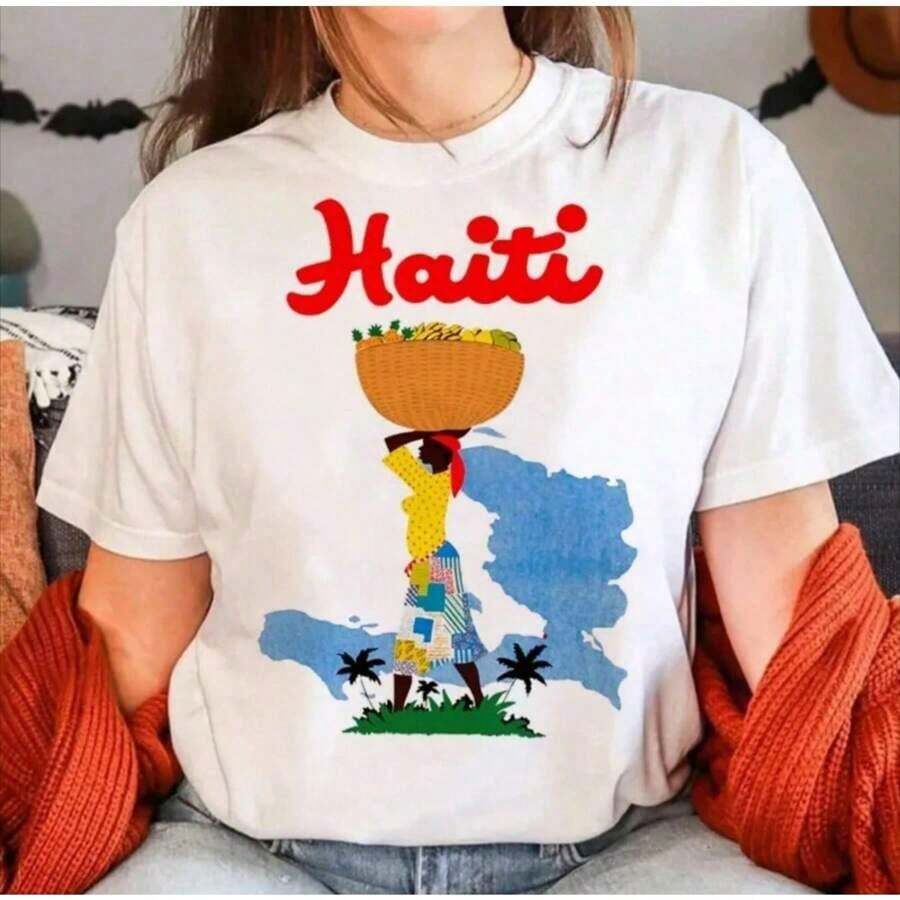 Camisetas gráficas de manga corta para mujer, camiseta con estampado de Haití para mujer, camisetas divertidas de algodón estilo Y2K Harajuku, ropa divertida para mujer, ropa estética de moda, ropa de mujer, 100% algodón, cuello redondo informal, top de manga corta, perfecto para primavera y verano, estilo vintage. - Blanco - Ver 1