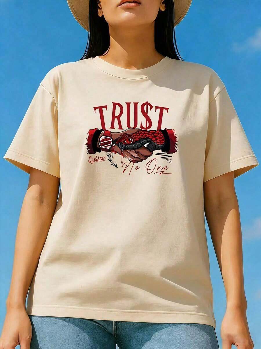 Camiseta Casual de Verano para Mujer, 1 Pieza, Camiseta Estampada con Diseño de Serpiente "No Confíes en Nadie", Simple y Elegante, Camiseta de Algodón Grueso - Albaricoque - Ver 1