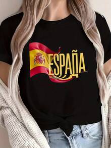 Camiseta de Algodón Puro para ujer con Estampado de la Bandera Española, CómodaTraje de fiesta elegante,T-shirt para damas elegantes,Blusas adecuadas para mujeres con curvas,Faldas de graduación,Ropa casual Estampado de animales adorables,Estampado de letras divertidas - Negro - Ver 7