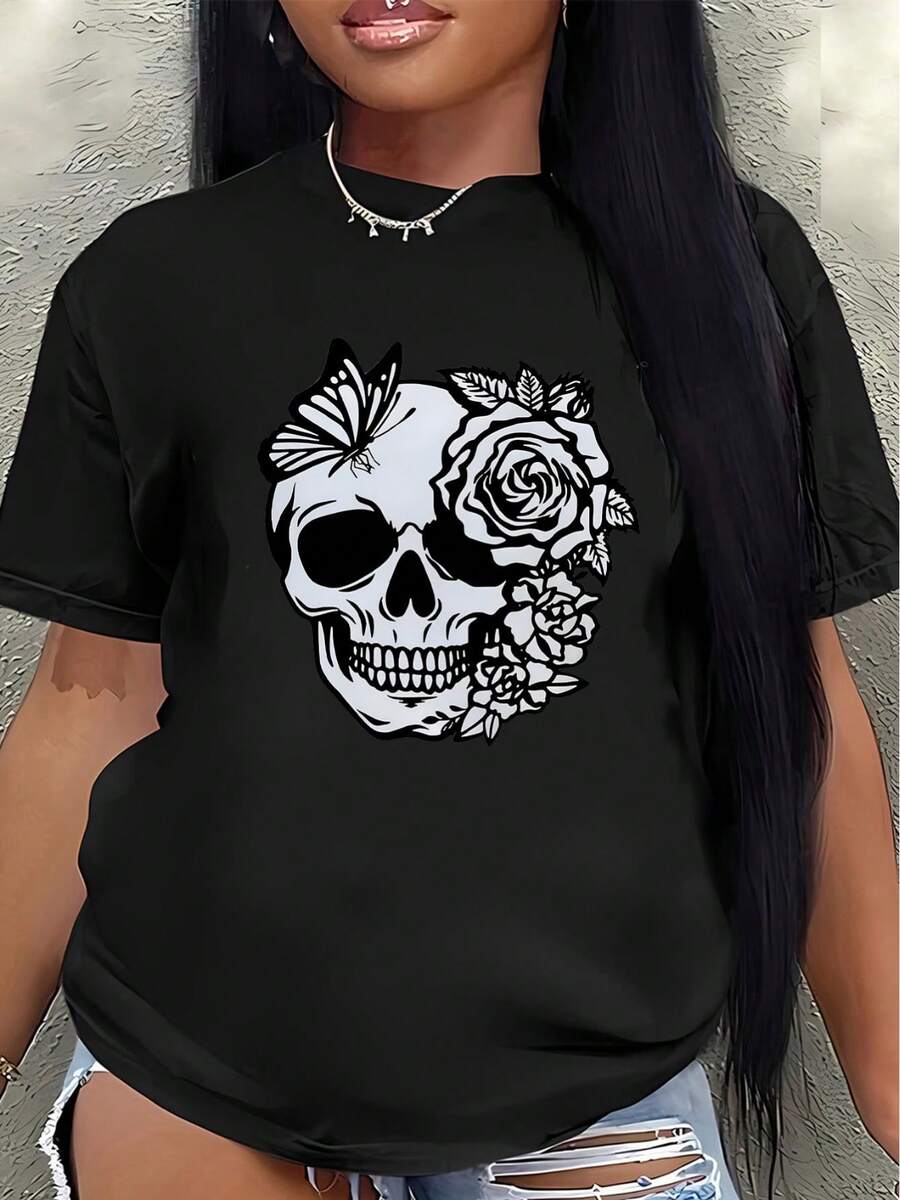 Short-Sleeved T-Shirt With A Skull And Rose Print, Lightweight And Durable, Suitable For Casual Wear At Home Or In A Cafe, Comfortable Fit, Ideal For Everyday Wear. Women's Blouses > Clothing - 黑色 - 查看 1