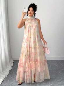 Vestido de malla floral sin mangas elegante para mujer de talla grande - Beis - Ver 8